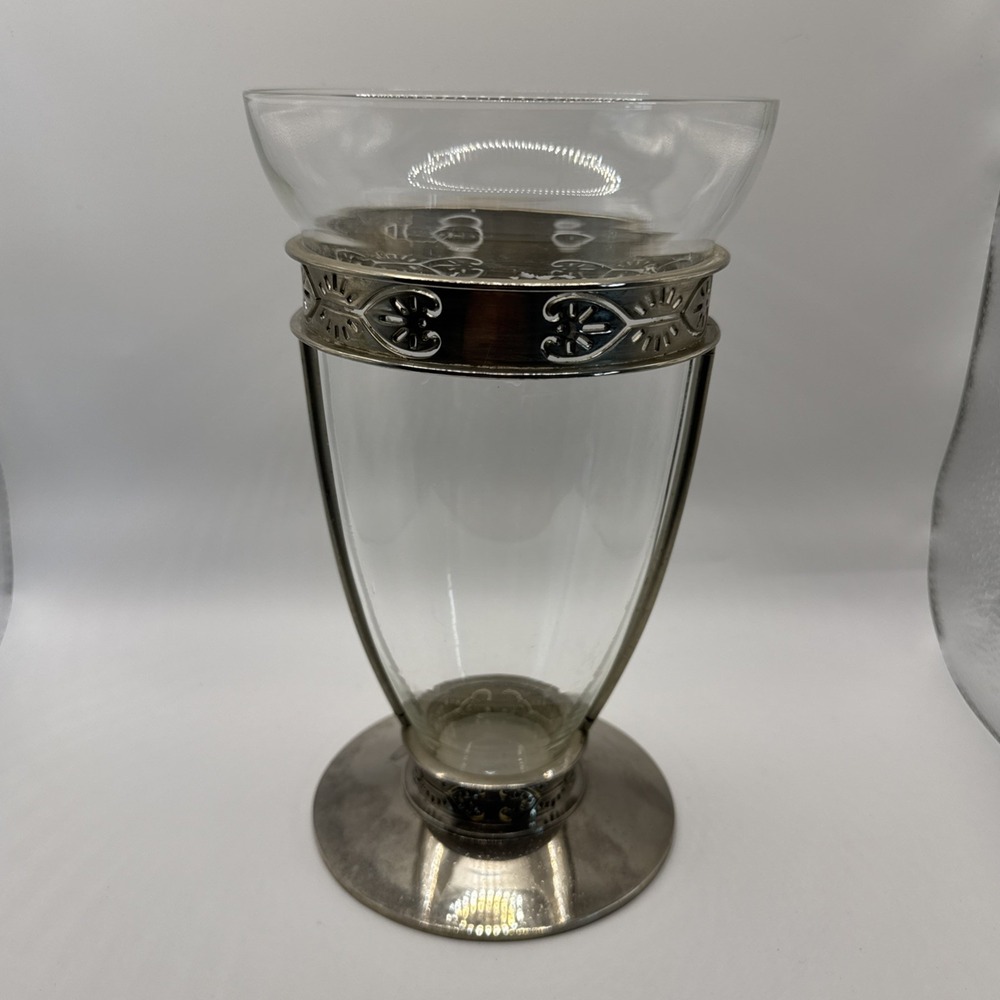 Rare Vintage Clear Glass & Silver Metal FTD Vase Circa 1960s Mid Century Floral